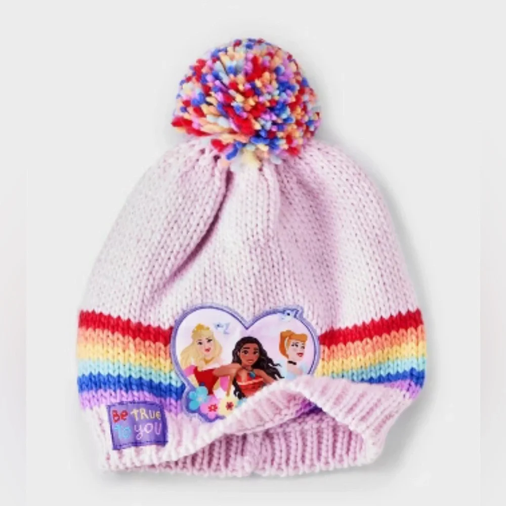 Disney Princess Pink Rainbow Knit Beanie Hat with Characters NWT